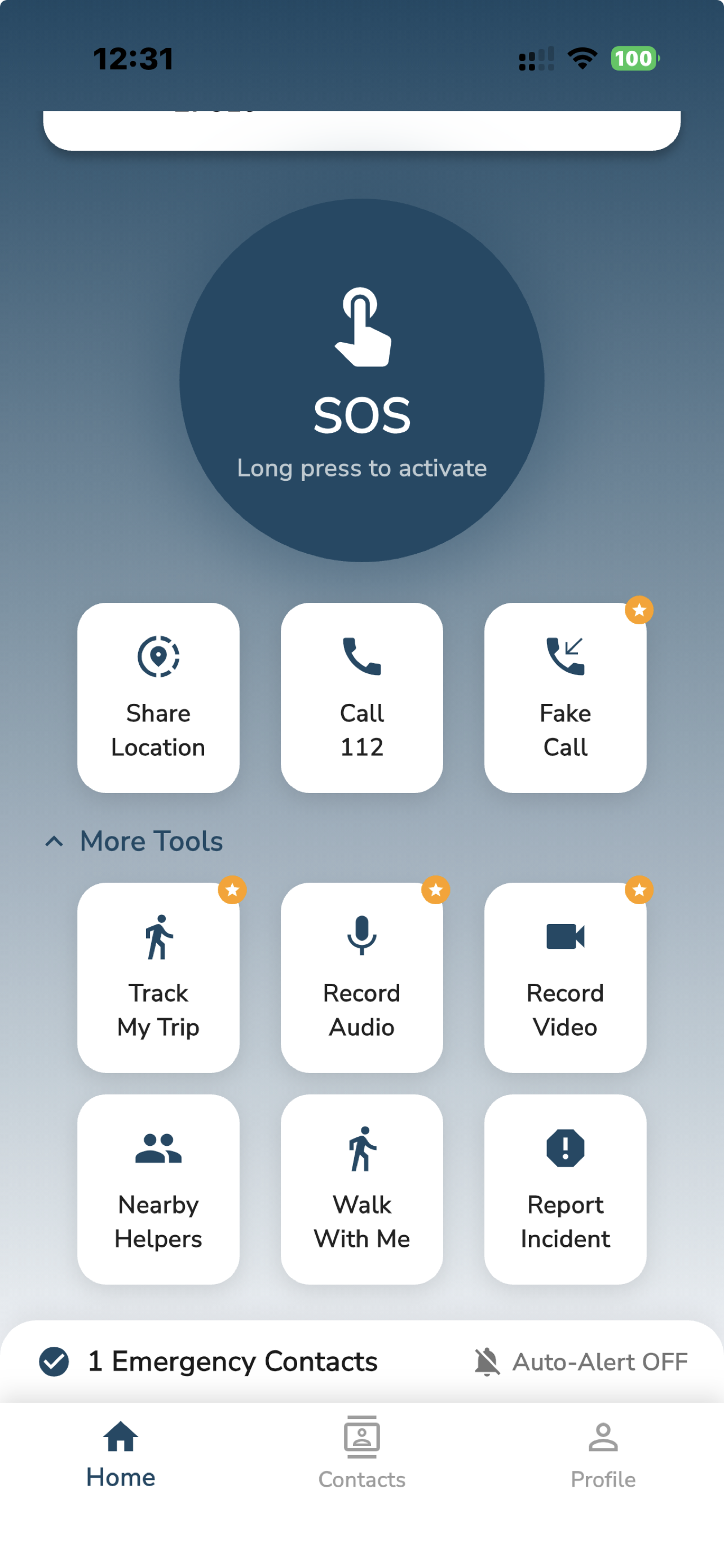 Kaavala app SOS screen